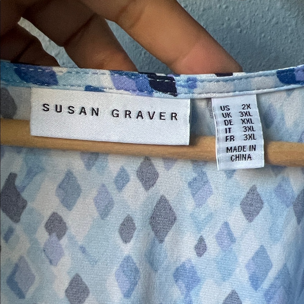 Susan Graver Blue and White Geometric Blouse - Picture 3 of 5